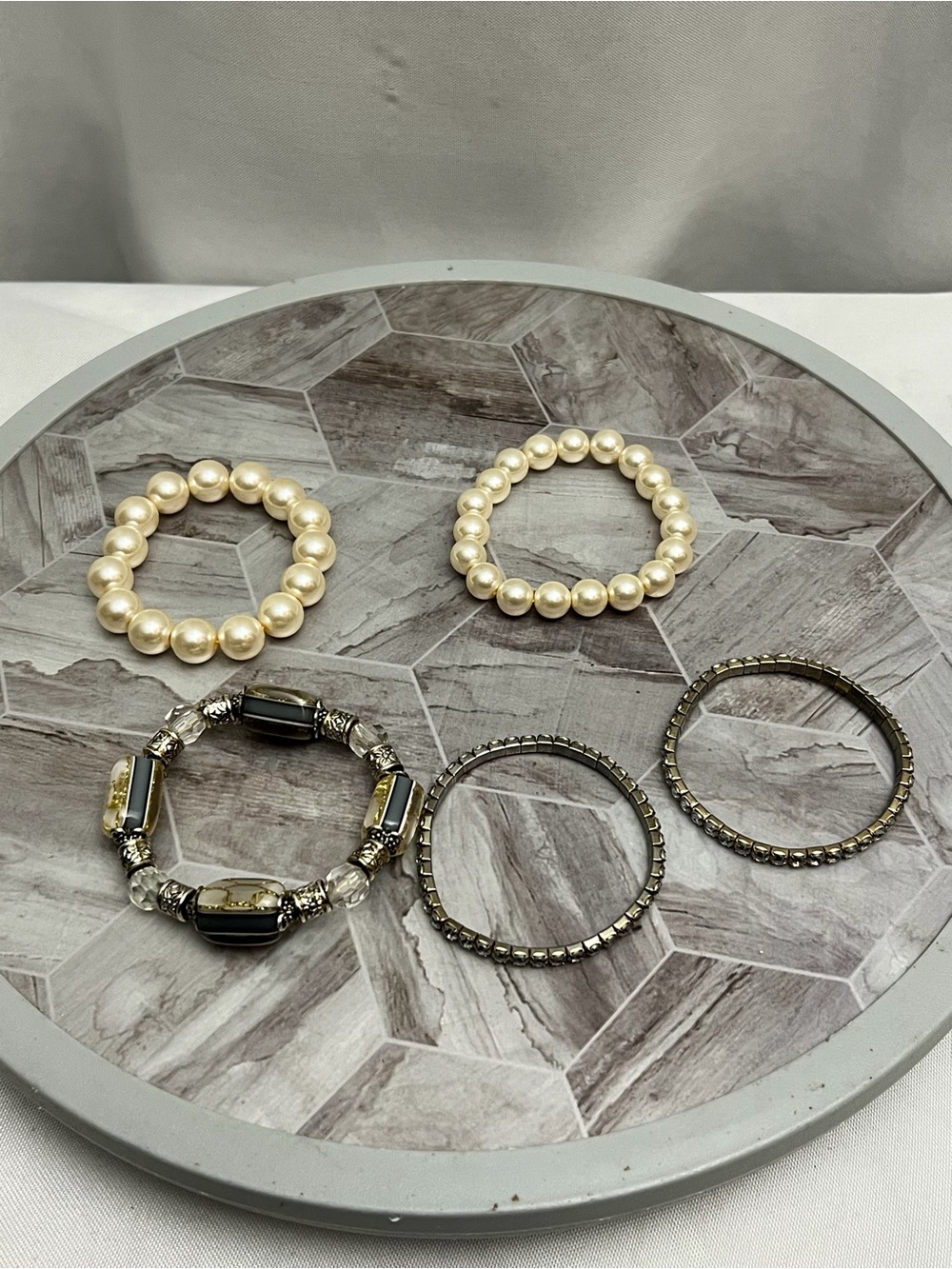 Lot Of 5 Womens Stretch Bracelets Faux Pearl Rhinestone Beaded Fashion Jewelry